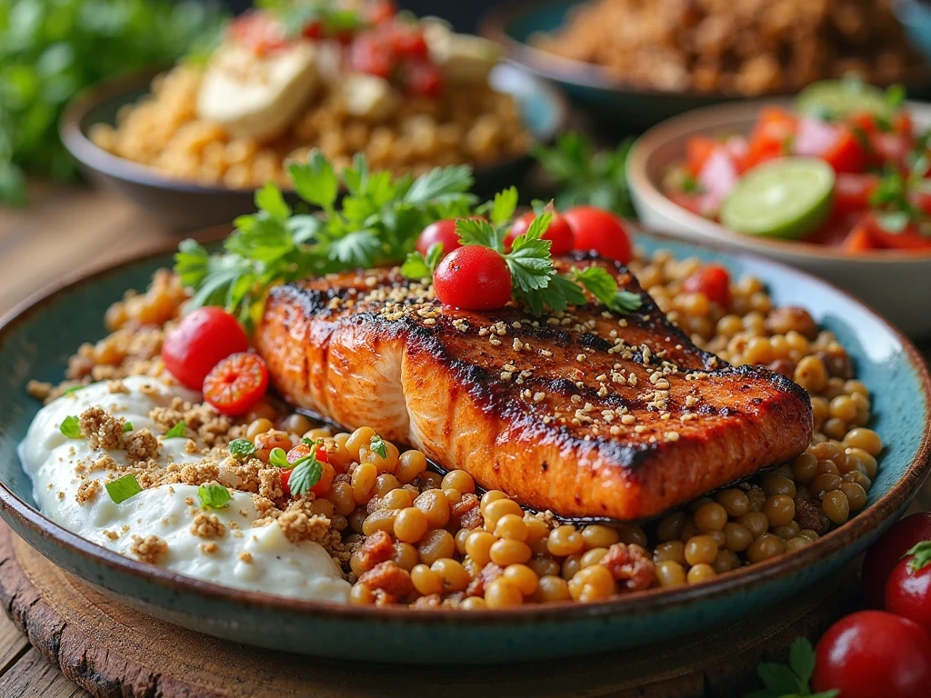 Assorted protein dishes from different cuisines