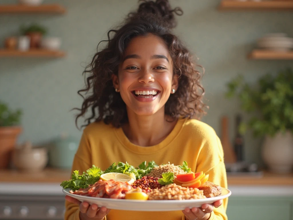 Person celebrating weight loss success with healthy high-protein meal