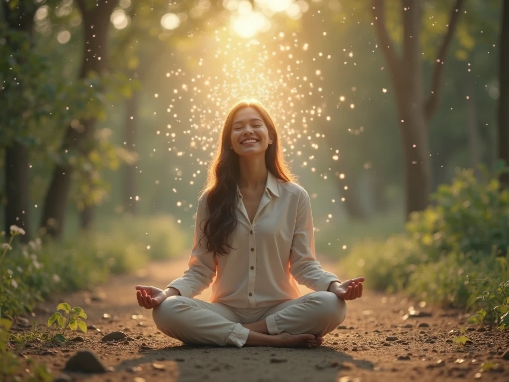Person meditating and smiling, symbolizing mental clarity, confidence, and stress relief from exercise.