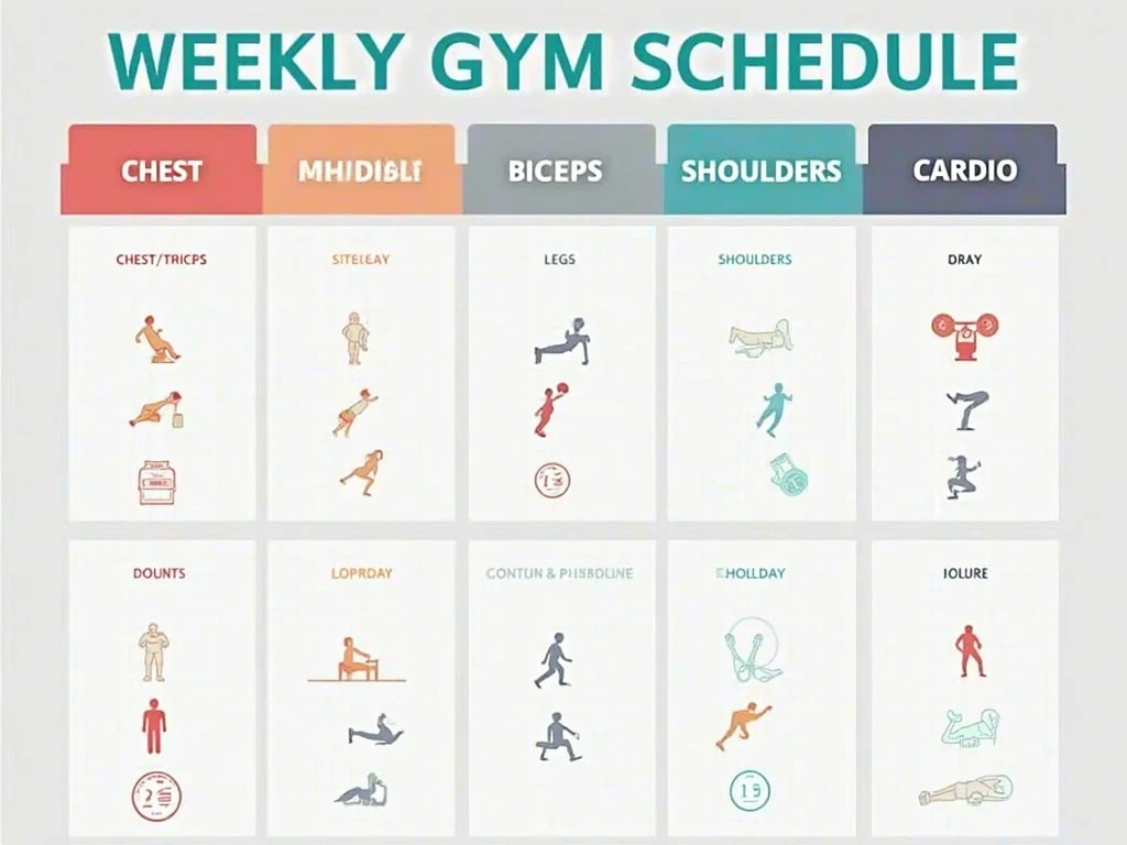 Visual schedule of a 6-day gym workout plan with daily exercises.