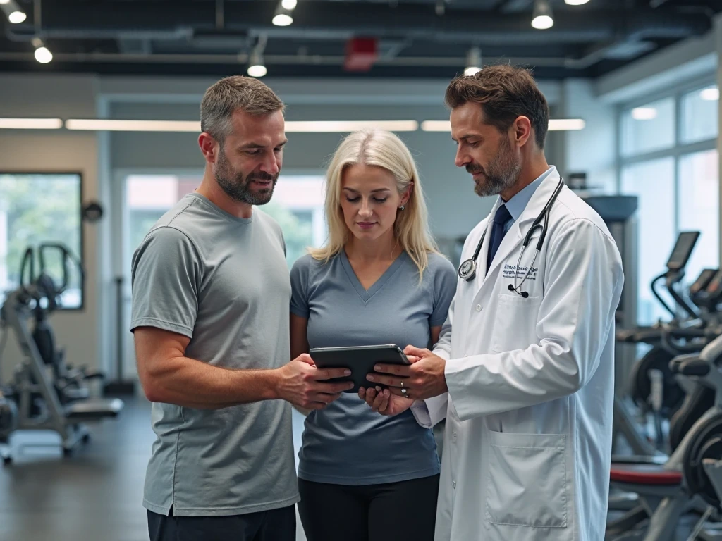 Doctor and trainer creating a safe exercise plan for a patient