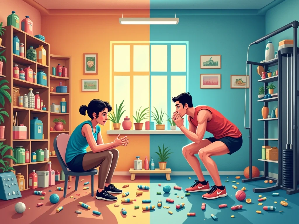 Quick fixes vs. structured exercise illustrating sustainable health results.