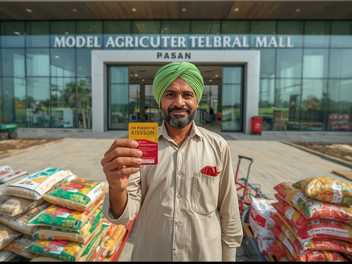 Agriculture in Pakistan Farmer holding Kissan Card in front of agriculture center.