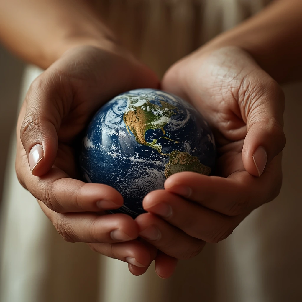 A close-up of hands holding a small globe, symbolizing care for the world and connection.