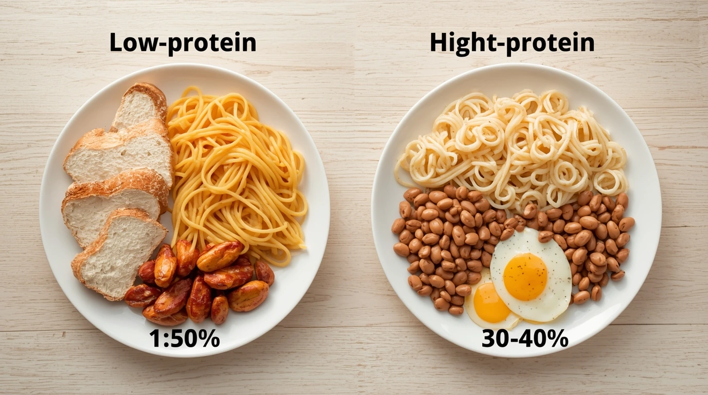 Comparison of low-protein and high-protein meals to show why protein intake is important.