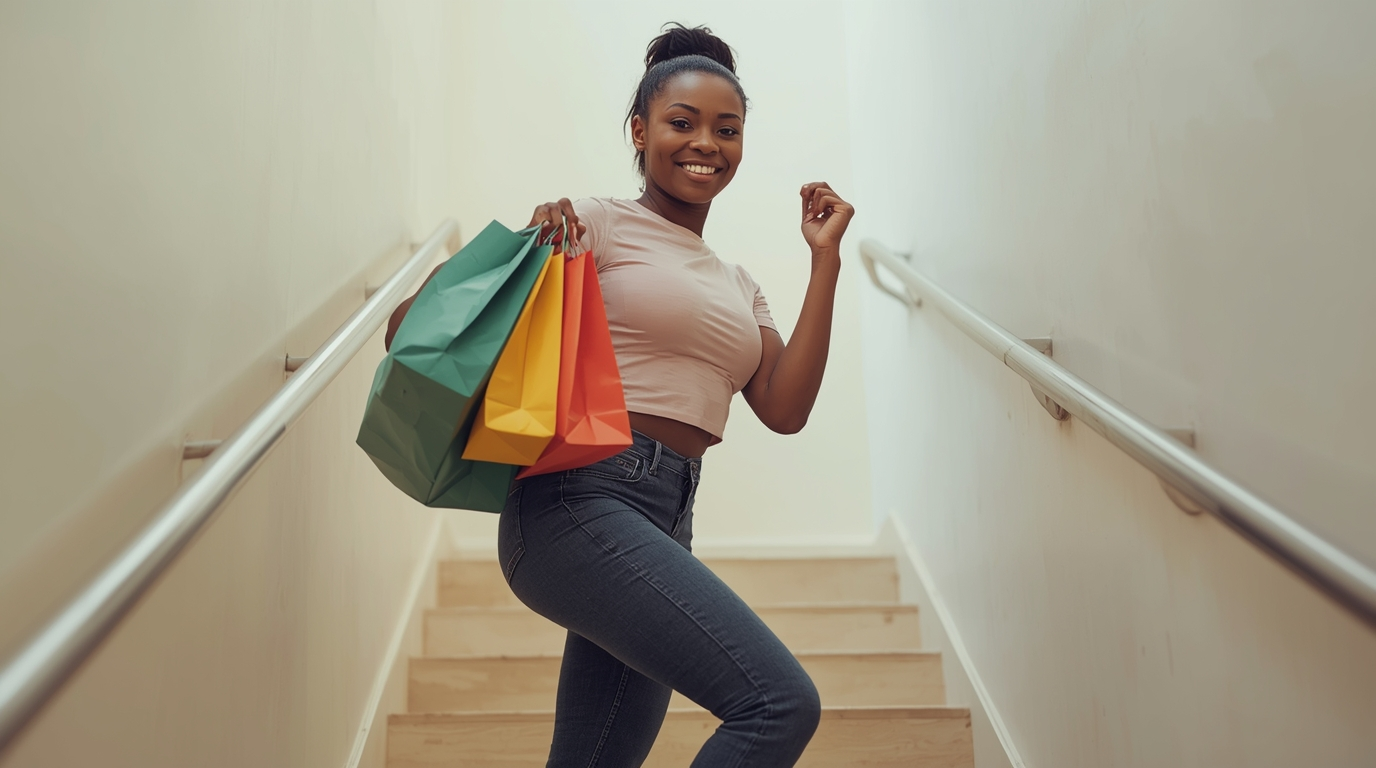Person climbing stairs and carrying groceries with ease, representing physical conditioning