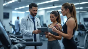 Medical Fitness Doctor and trainer guiding a patient in a modern medical fitness center with clinical equipment.