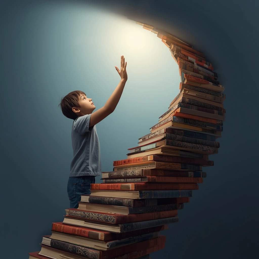 Illustration of a child climbing stairs made of books symbolizing growth and learning – World Vow