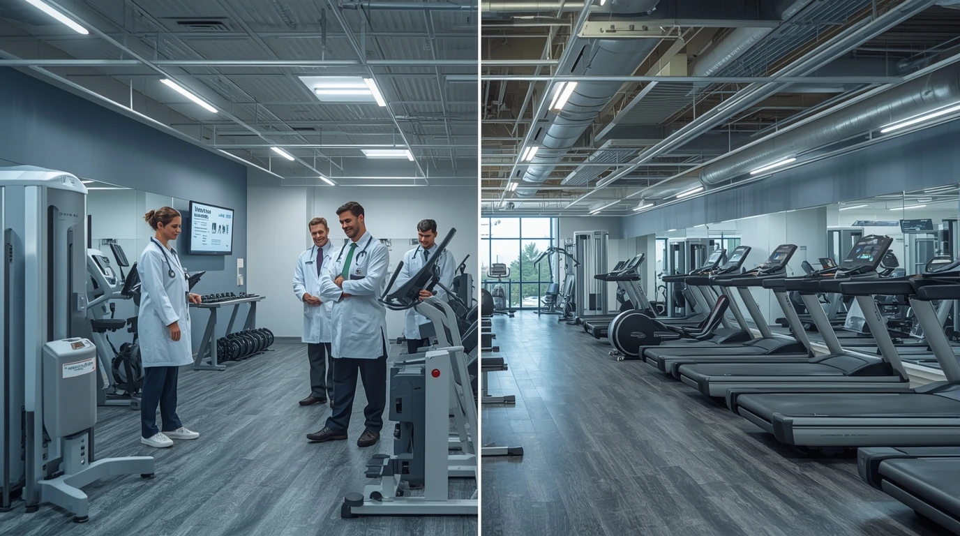 Comparison of medical fitness versus traditional gyms with clinical supervision highlighted.