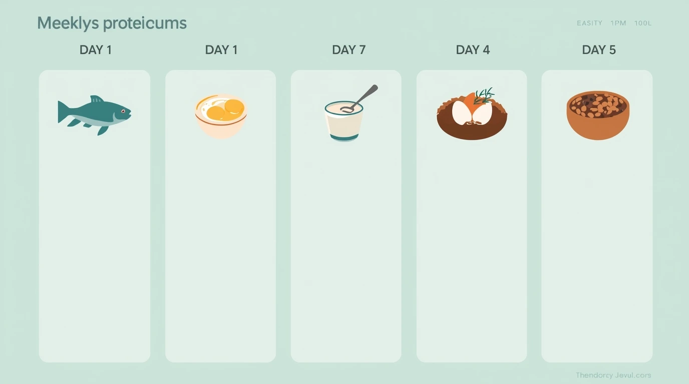 Weekly diet plan layout with protein-rich meal icons