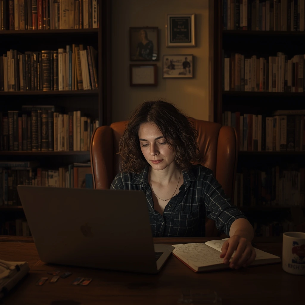 A writer’s desk with a laptop, open notebook, and coffee cup in warm lighting.