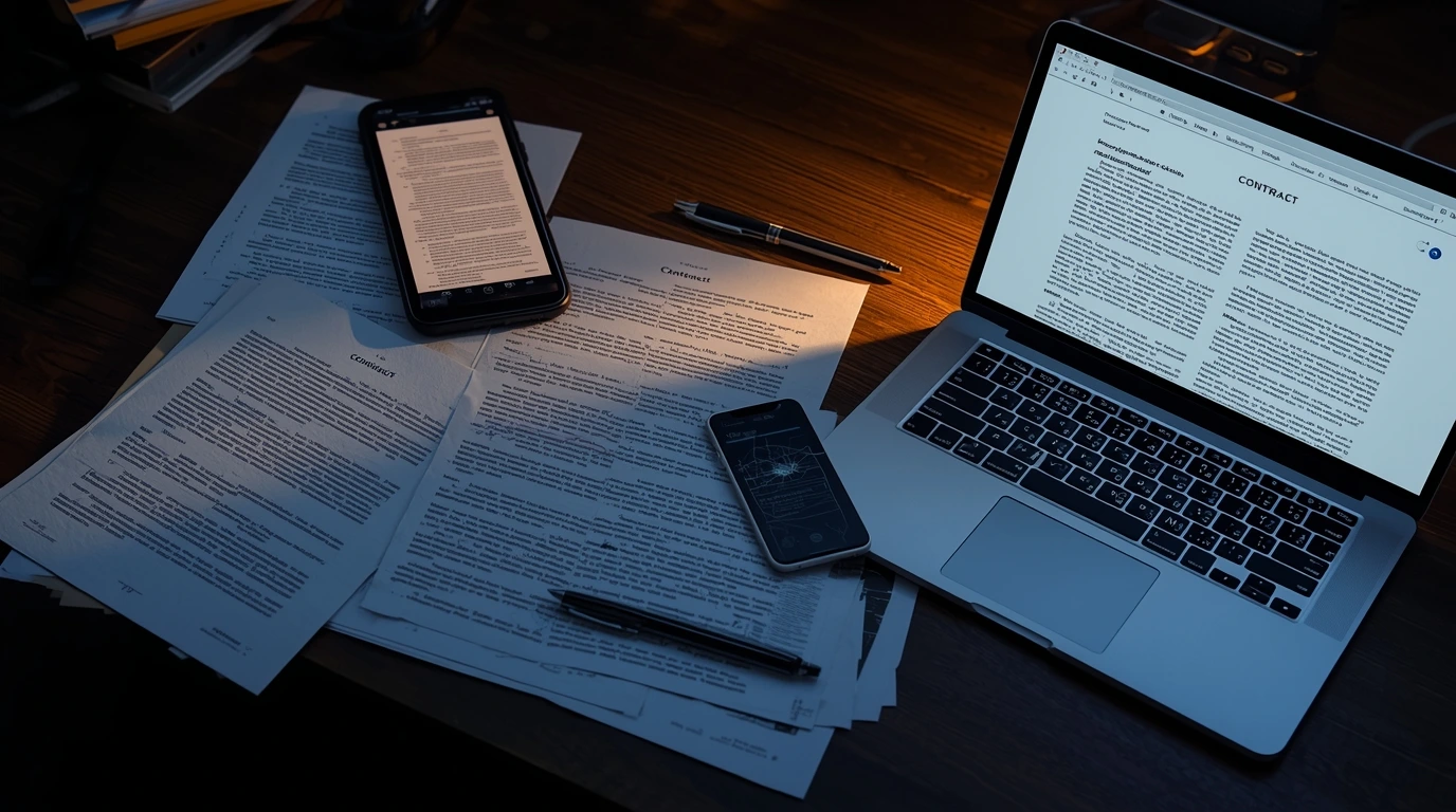 Terms and Conditions – Legal documents beside a laptop and smartphone, symbolizing World Vow’s content usage rules.