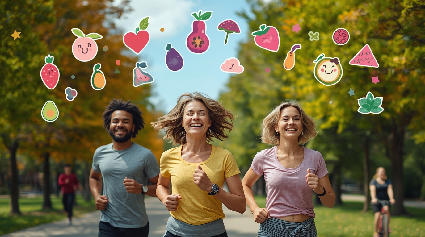 People jogging outdoors with health and wellness symbols, representing longevity