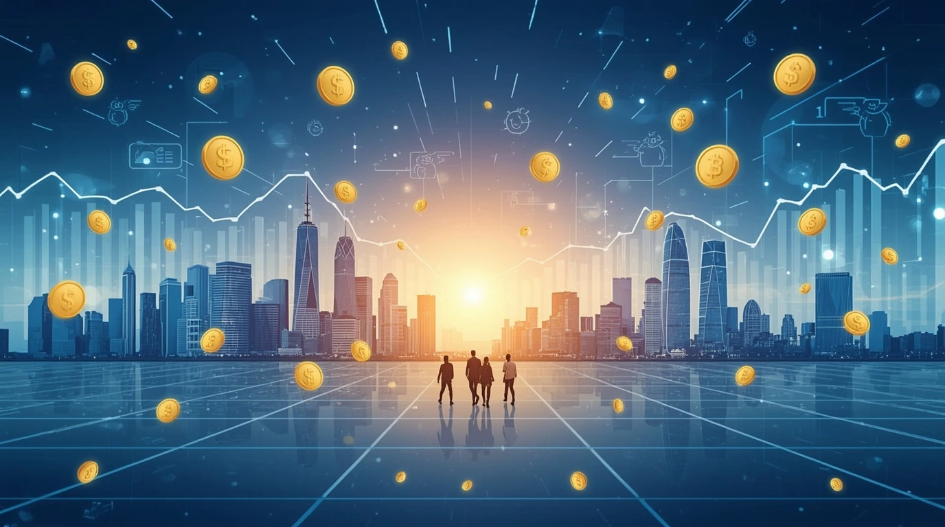 Futuristic 2025 city skyline with financial graphs, golden coins, and digital piggy banks representing smart saving strategies and financial growth and savings