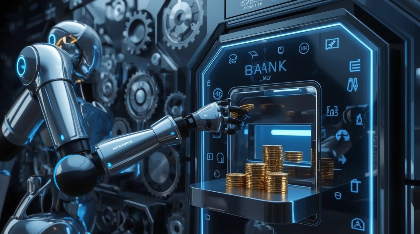 High-tech robotic arm transferring coins into a bank vault, symbolizing automated savings.