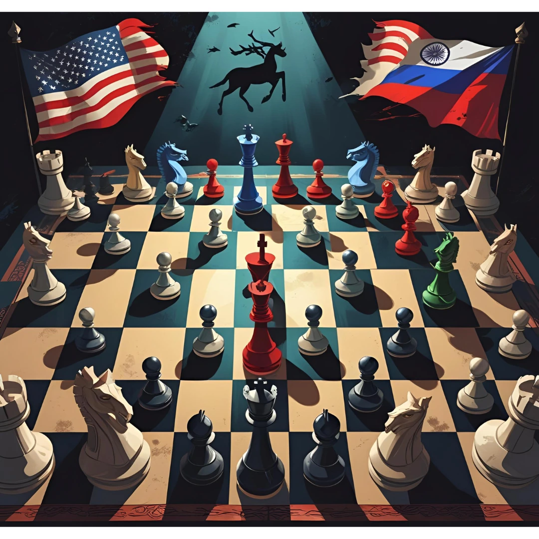 USA and India with Pakistan, China, and Russia as chess pieces in global power rivalry
