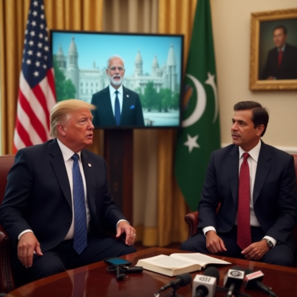 Trump and India Conflict — Donald Trump and Imran Khan in the Oval Office discussing Kashmir mediation, with Narendra Modi on a screen and national flags in the background.