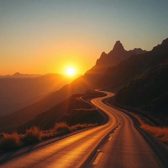 Futuristic road leading toward the rising sun, symbolizing self-improvement, personal growth, and ambition – World Vow