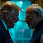 Donald Trump and Narendra Modi in angry mode inside the White House, realistic political confrontation scene