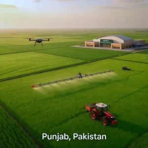Aerial view of modern farming with tractors, drones, and agriculture malls in Pakistan.