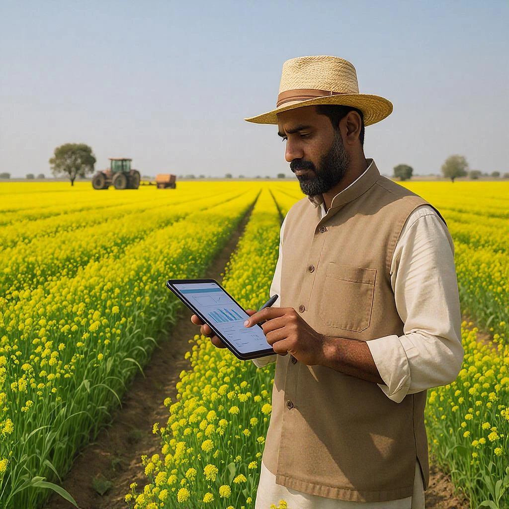 Agriculture in Pakistan Farmer inspecting yellow canola crops in Punjab.