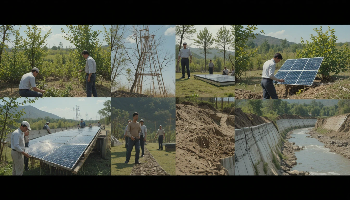 Pakistani officials planting trees, installing solar panels, and reinforcing riverbanks — a collage of climate adaptation measures, realistic documentary style.