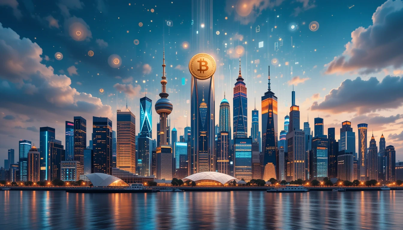 Futuristic city skyline in 2025 with financial graphs and coins rising into the sky, symbolizing smart saving and wealth growth.