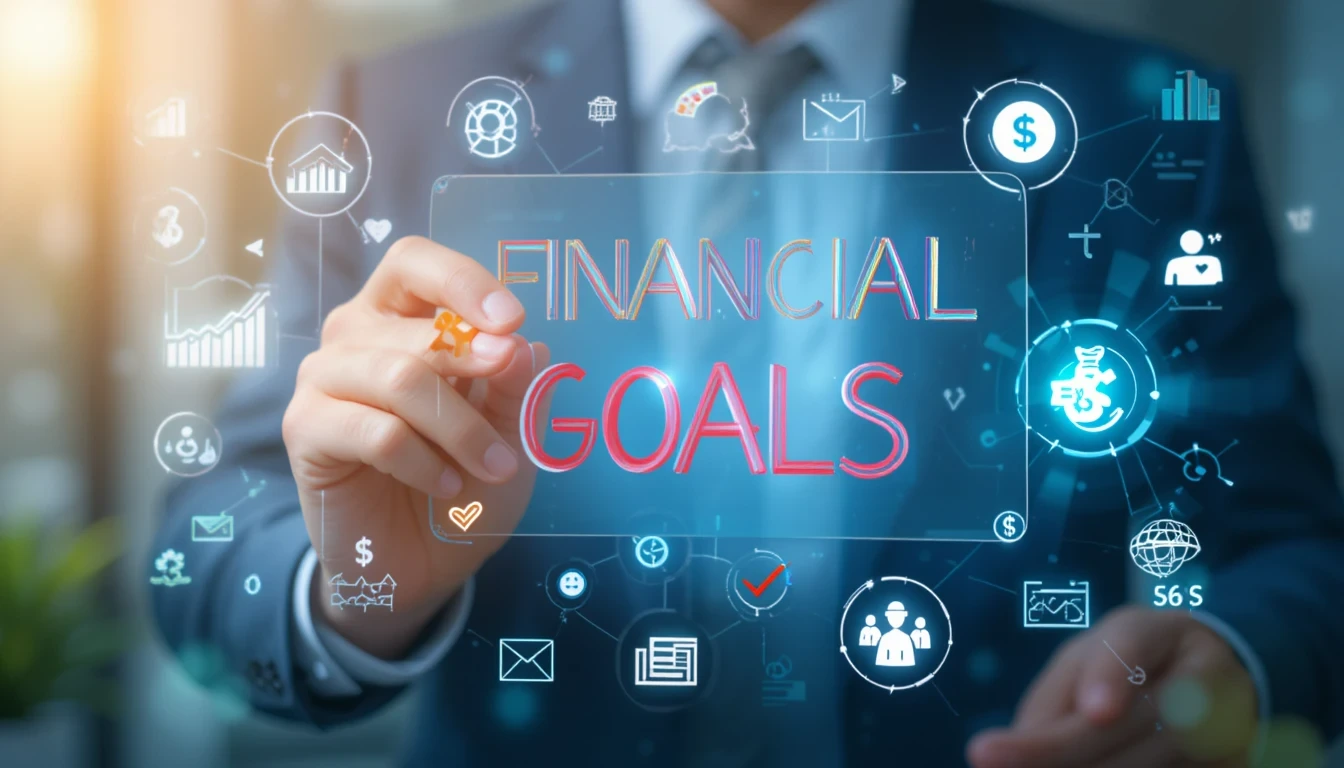 Individual setting financial goals on a digital transparent screen with checkmarks and money icons, futuristic illustration.
