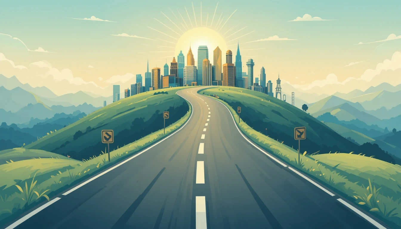 Vector illustration of a road to a golden city with savings milestones along the way.