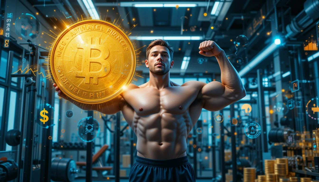 Futuristic athlete lifting a giant golden coin, symbolizing savings discipline and financial strength.