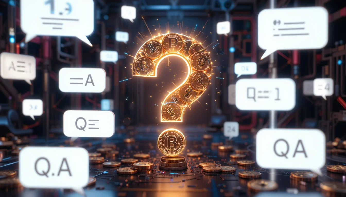 Neon digital question mark formed from coins, futuristic interface with floating financial FAQs.