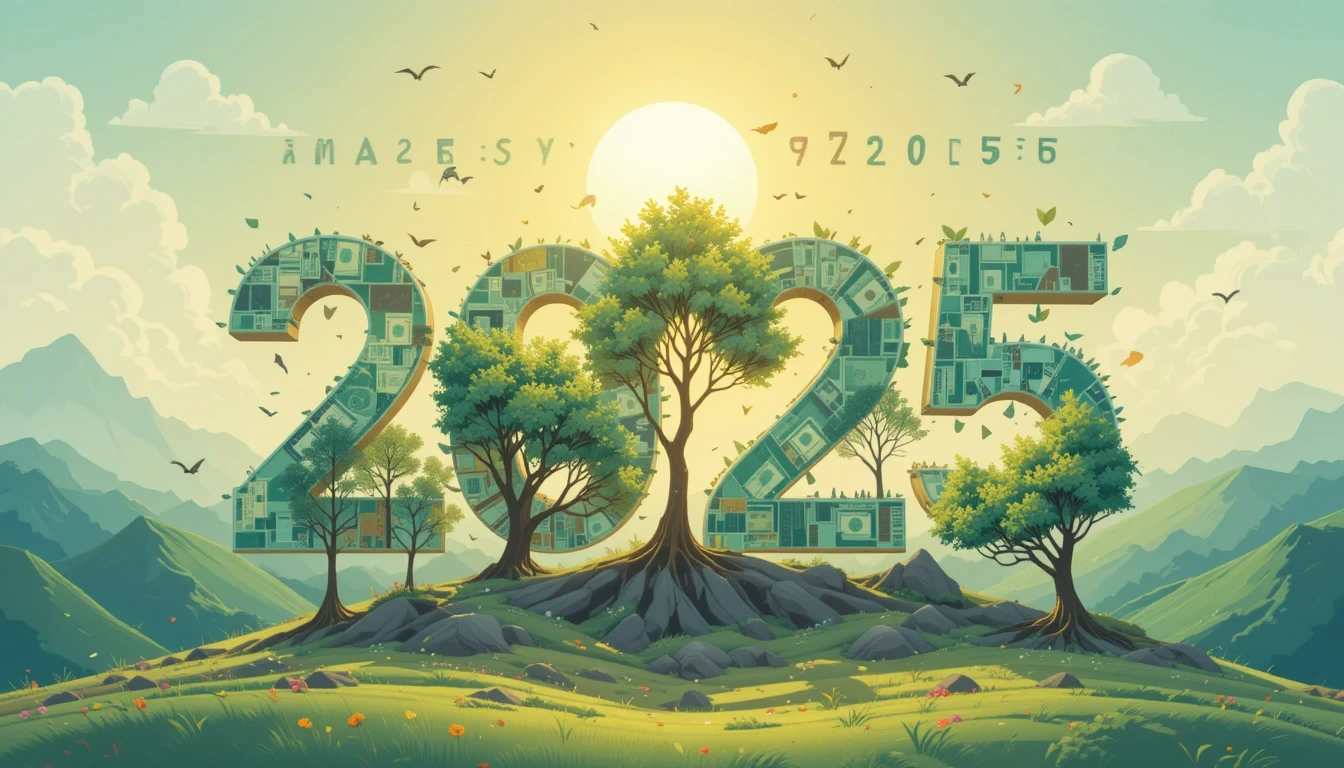 Calendar for 2025 growing money trees, sunlight shining in a futuristic flat design.