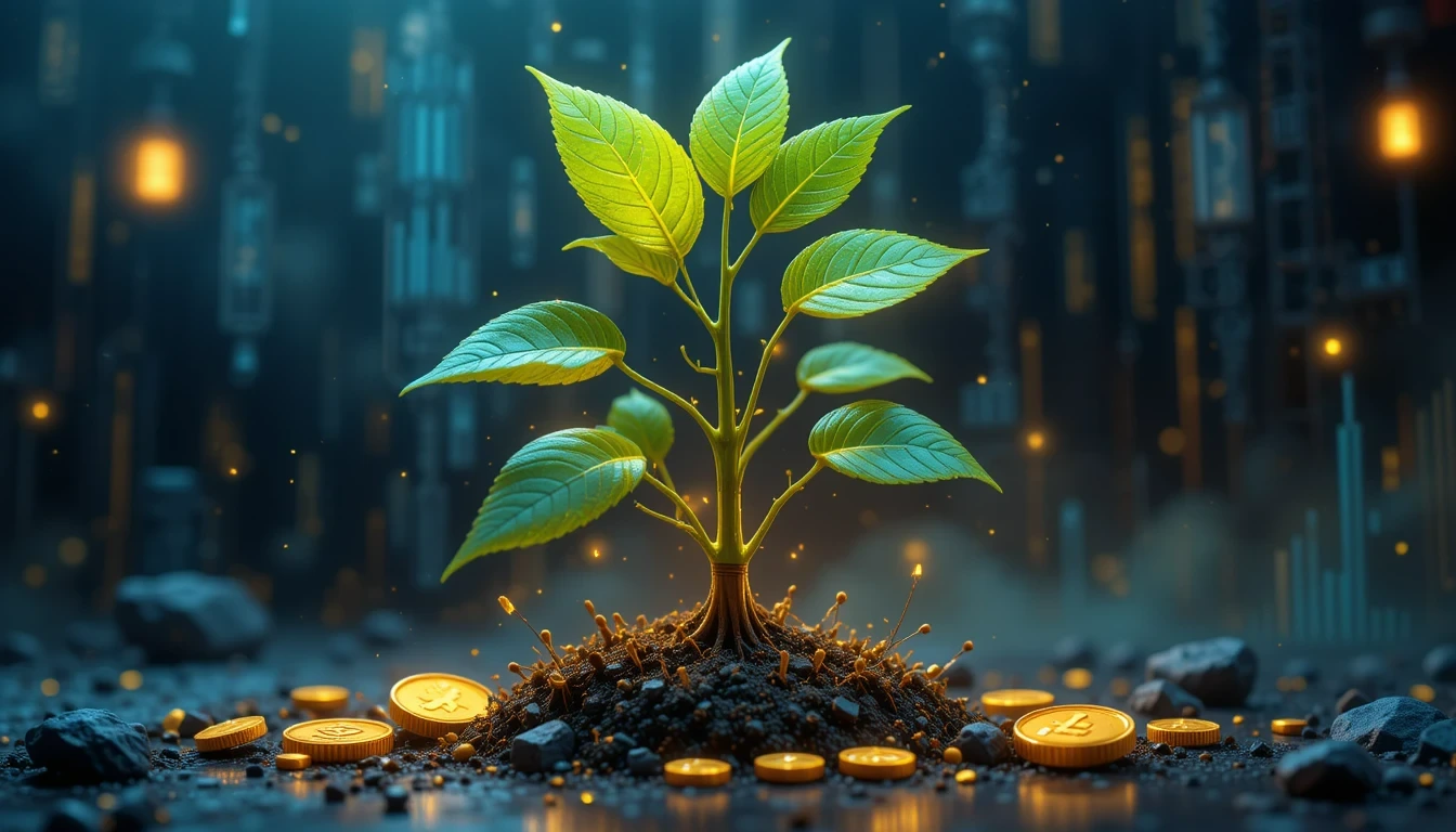 Modern plant illustration producing golden coins, glowing accents with data charts as leaves.