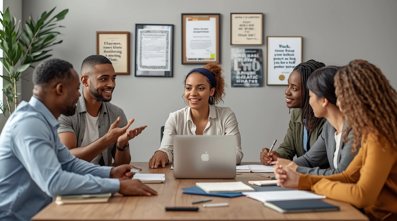 career counselor engaging with a diverse group of professionals during a collaborative workshop in a modern office.