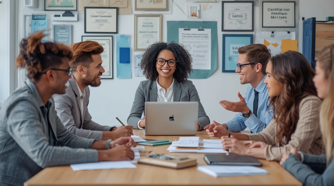 A career counselor leading a group discussion with young professionals in a modern office setting.