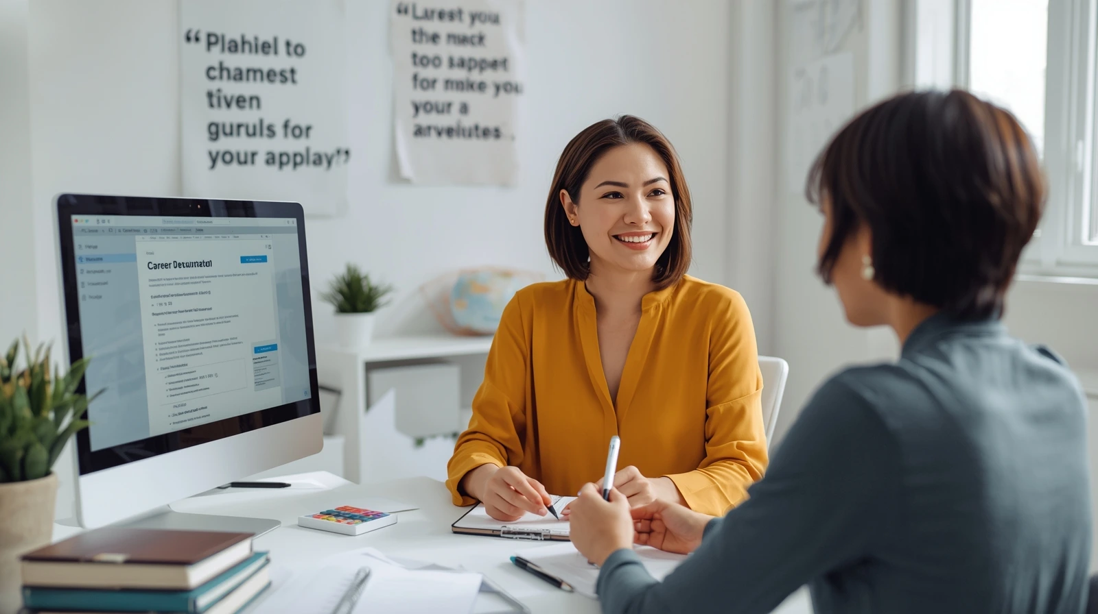 Career Consultant A career counselor in a yellow blouse smiling while guiding a client during a consultation in a modern office.