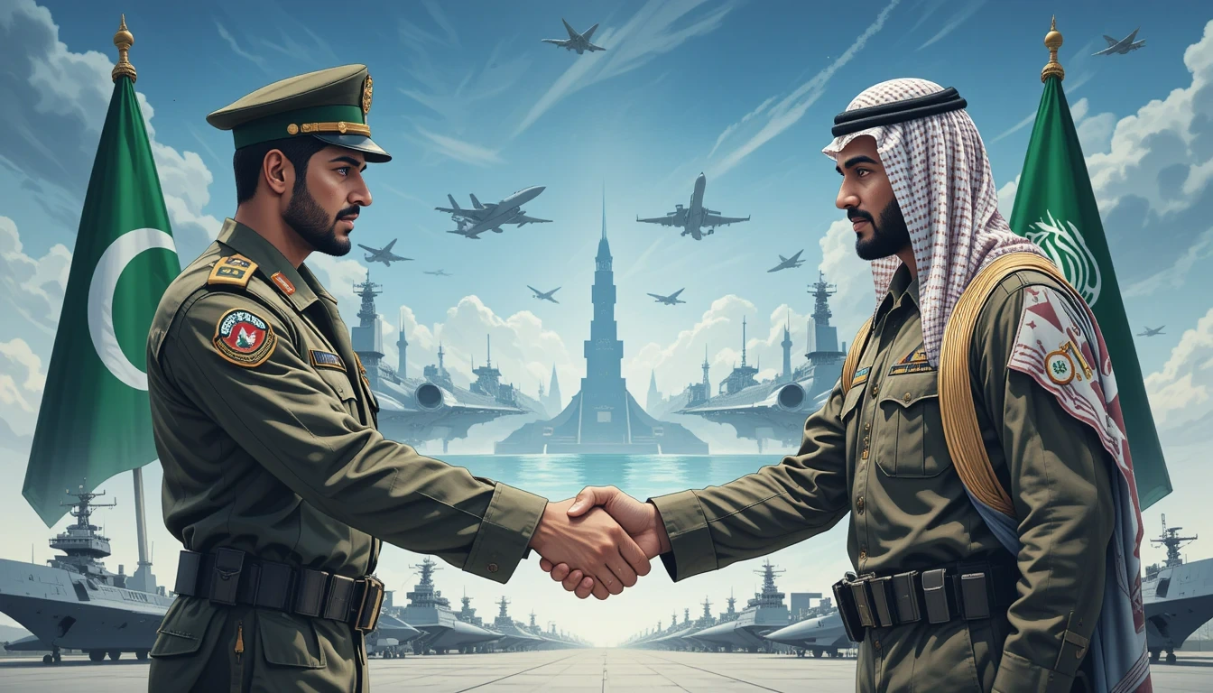Pakistan and Saudi Arabia defense pact military cooperation illustration with soldiers and national flags
