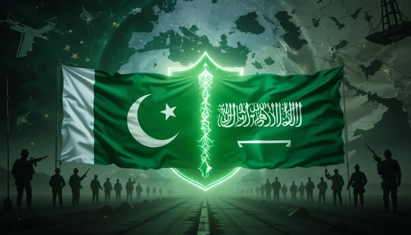Pakistan and Saudi Arabia defense pact symbolic shield with flags and unit